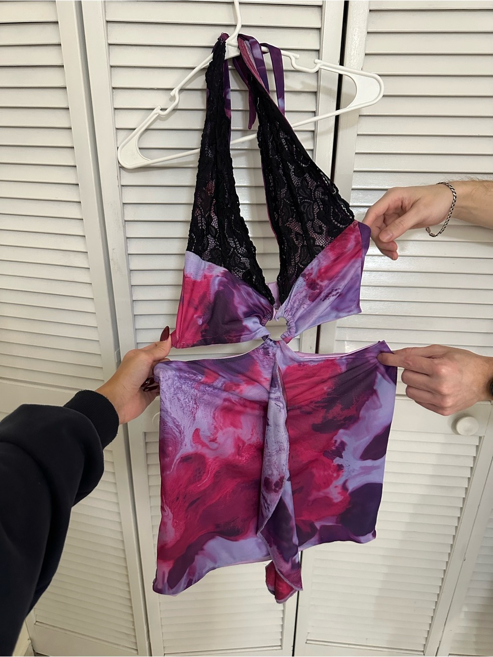 Outcast- Women’s Tie-Dye Purple & Pink Halter Lace Dress with Cut Out